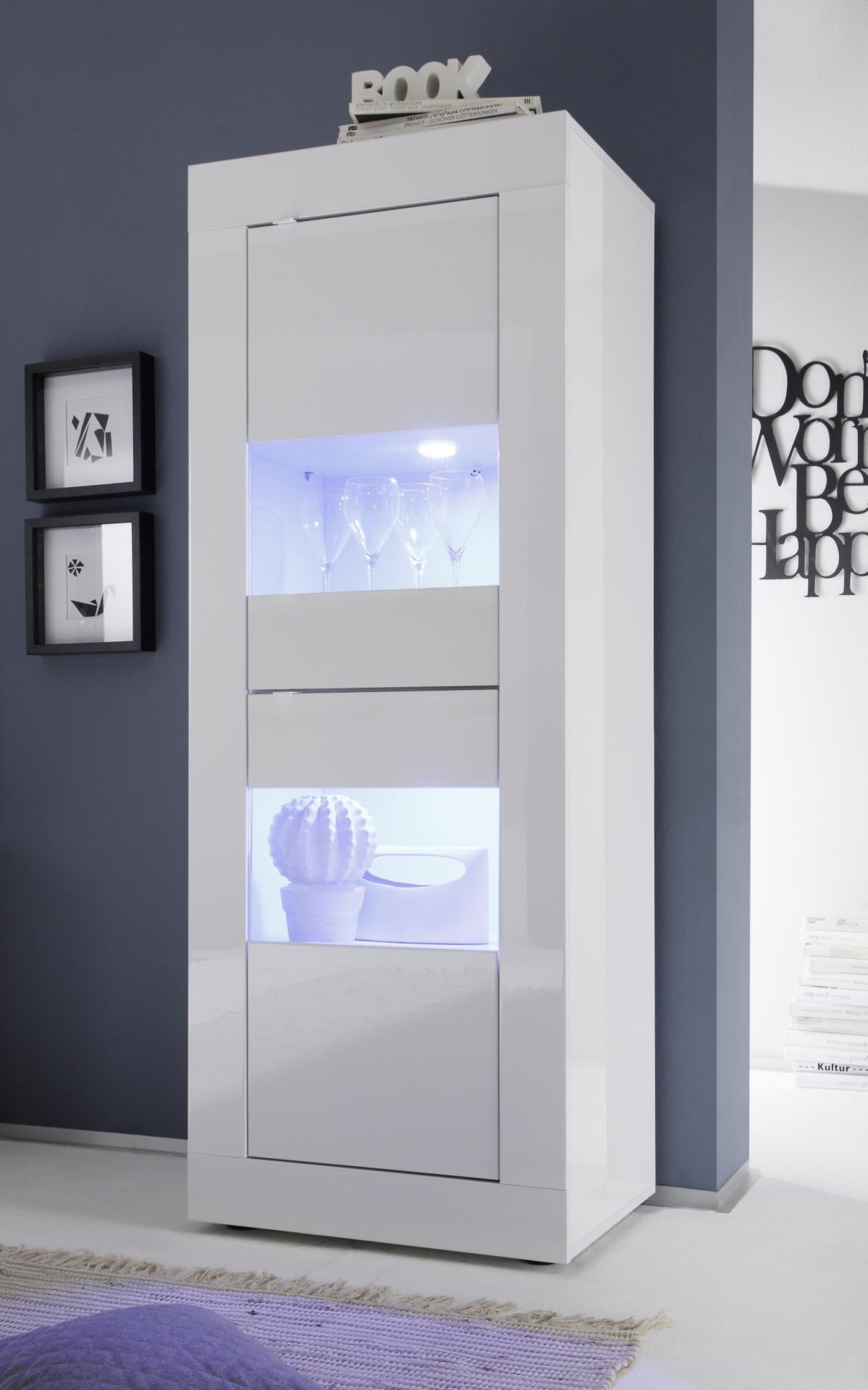 DACHETOU Vetrina 80 x 200 cm, moderna vetrina minimalista con ante in vetro, libreria per oggetti da collezione, temperatura colore regolabile e luminosità, porte bianche con decorazione nera