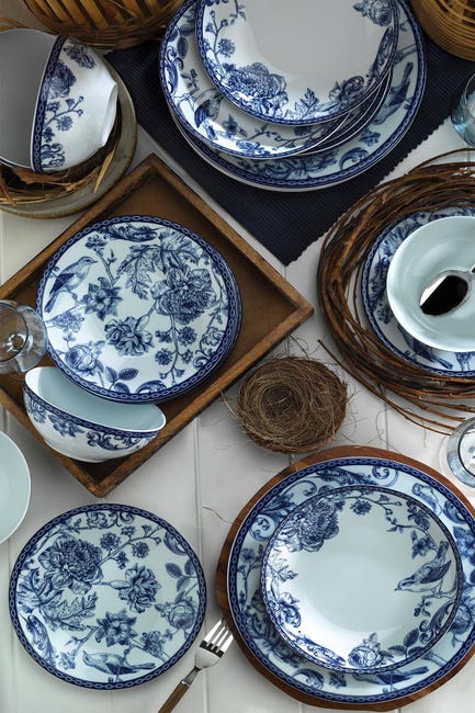 Set vaisselle service dîner 24 pièces Murrina 100% Porcelaine Motif Floral  Bleu