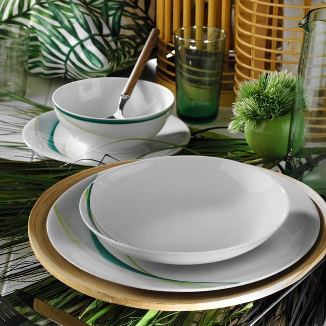 Set vaisselle service dîner 24 pièces Murrina 100% Porcelaine Motif  Centrifuge Turquoise