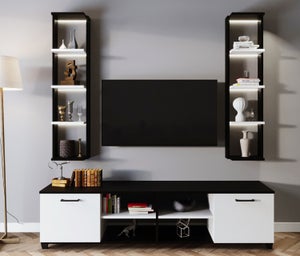 Meuble tv modulable en angle blanc-chêne - xuns - banc tv : l 200 x l 41 x  h 44 cm; module supérieur : l 105 x l 32 x h 32 cm ; etagère : l 95 x l 21  x h 3 cm - Conforama