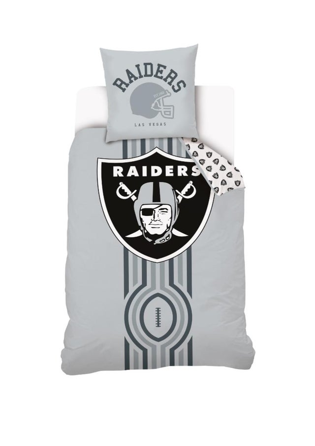NFL - Housse De Couette Football Américain NFL Los Angeles Raiders 140x200 cm + 1 Taie d'oreiller 63x63 cm - 100% Coton - Gris