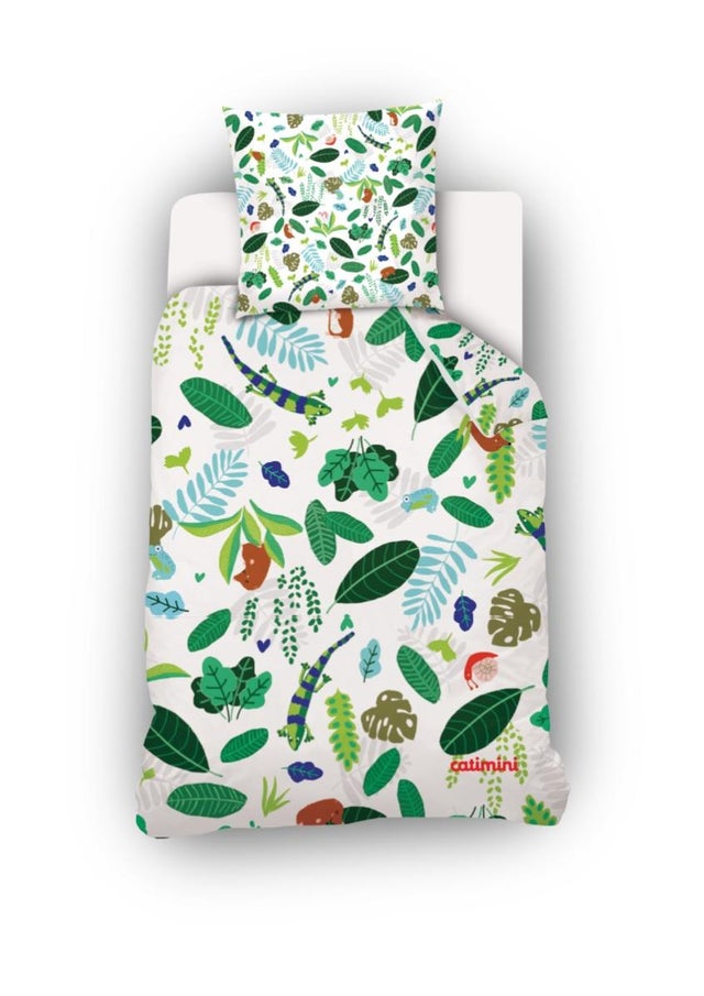 Housse De Couette Catimini Forêt 140x200 cm + Taie D'oreiller Forêt 63x63 cm - 100% Percale de Coton - Vert