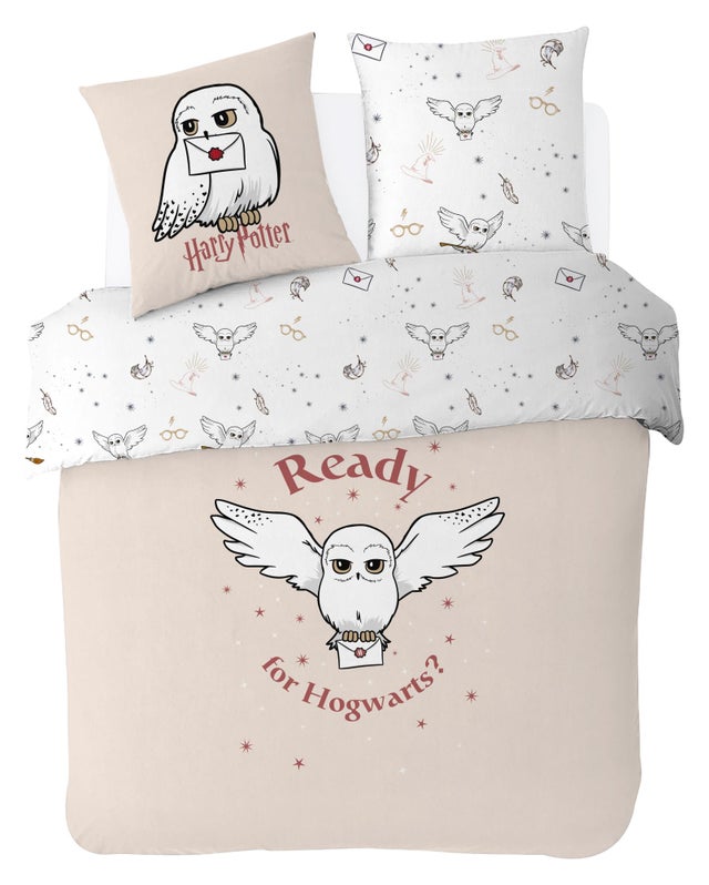 WARNER - Housse De Couette Harry Potter Hedwige 220x240 cm + 2 taies d'oreillers 63x63 cm - 100% Coton - Ecru