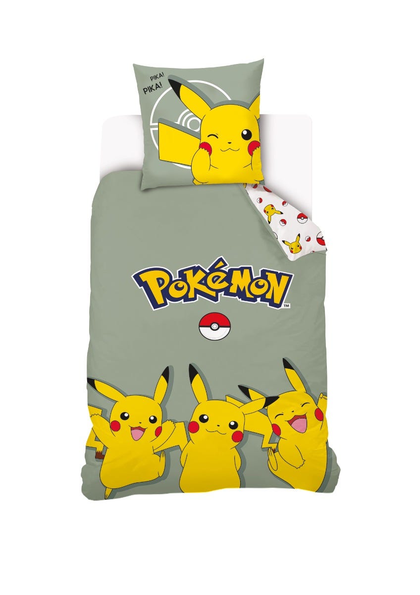 Housse De Couette Pikachu Pokémon 140x200 cm + 1 Taie d'oreiller 63x63 cm -  100% Coton - Vert Sauge