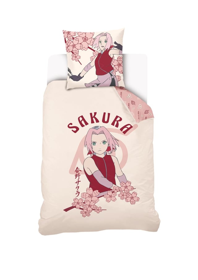 Naruto - Housse De Couette Sakura Haruno 140x200 cm + 1 Taie d'oreiller 63x63 cm - 100% Coton - Ecru