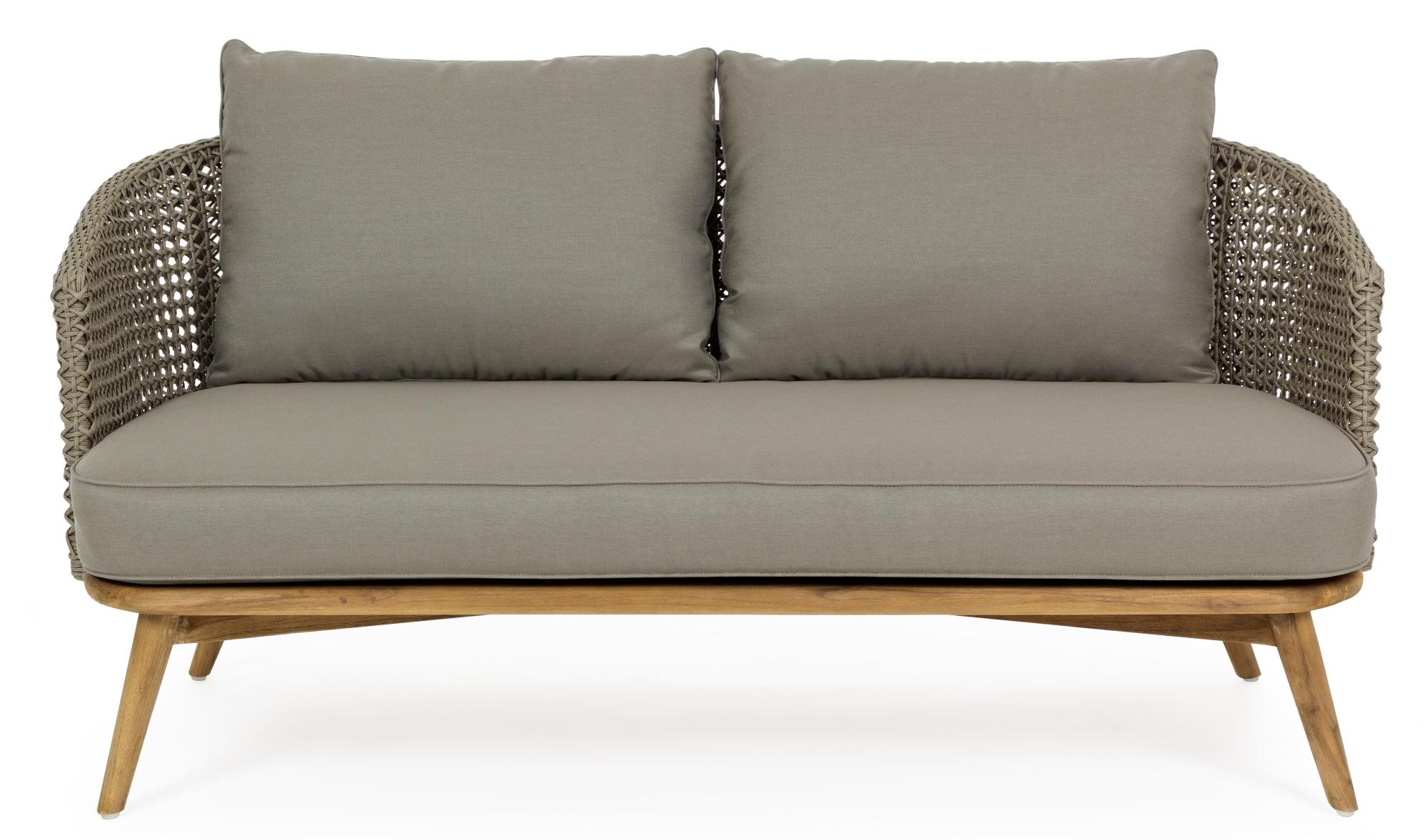 Canapé de jardin 3 places tressage en corde beige et pieds en teck avec