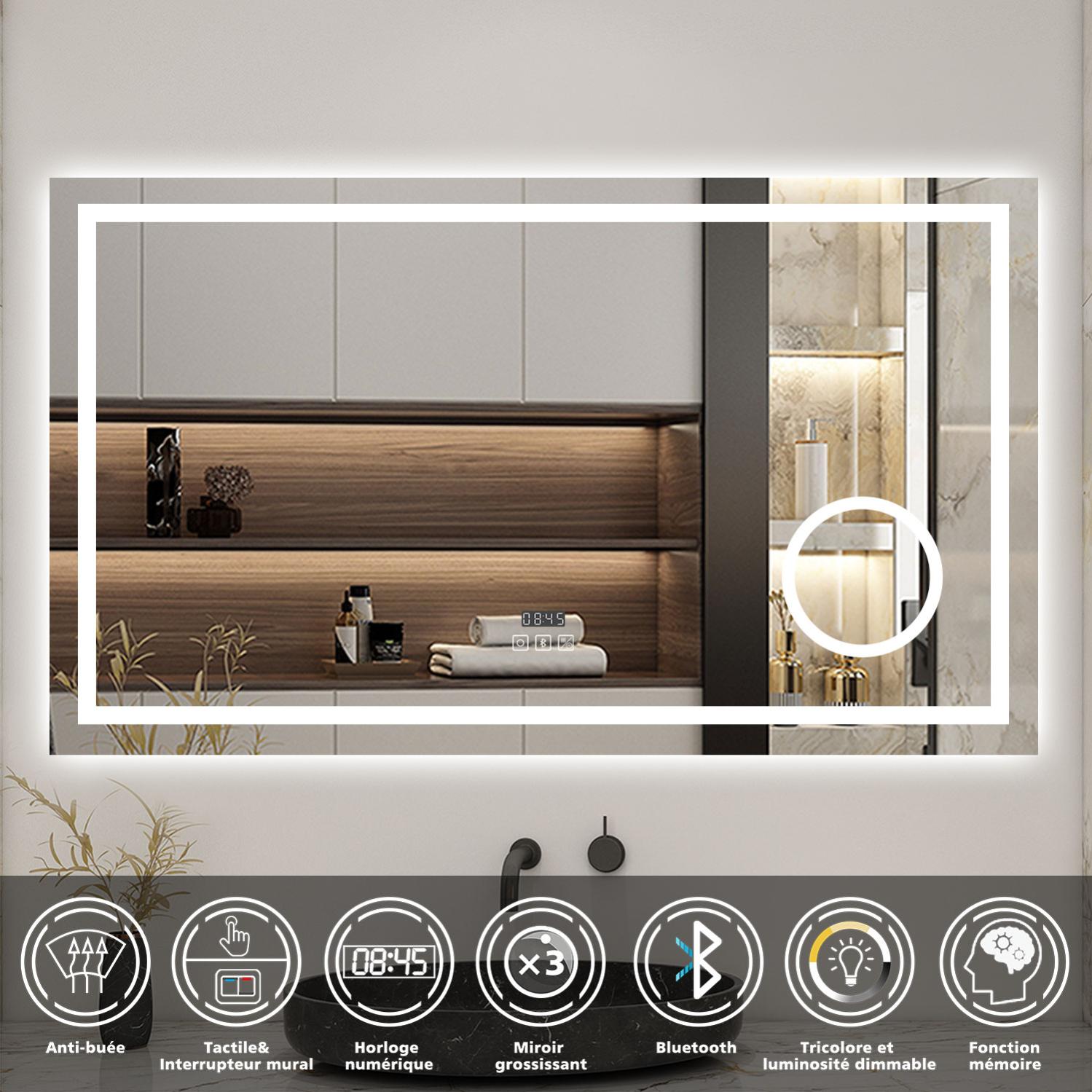 AICA Miroir lumineux Horloge + loupe + bluetooth + tricolore + anti