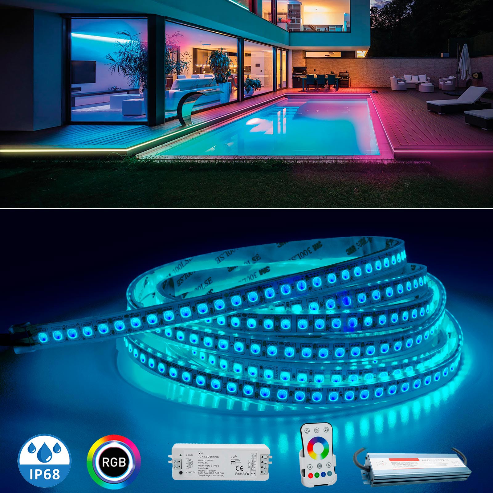 Kit ruban 600 LED RGB lumière chromothérapie salle de bain contrôleur RF 24  V étanche IP67