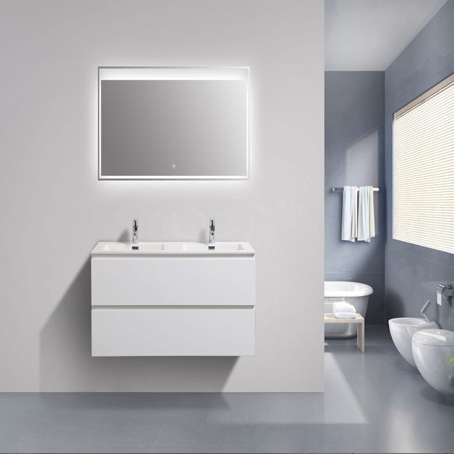 Mueble baño Alise 3 cajones espejo, sin lavabo, Blanco brillo