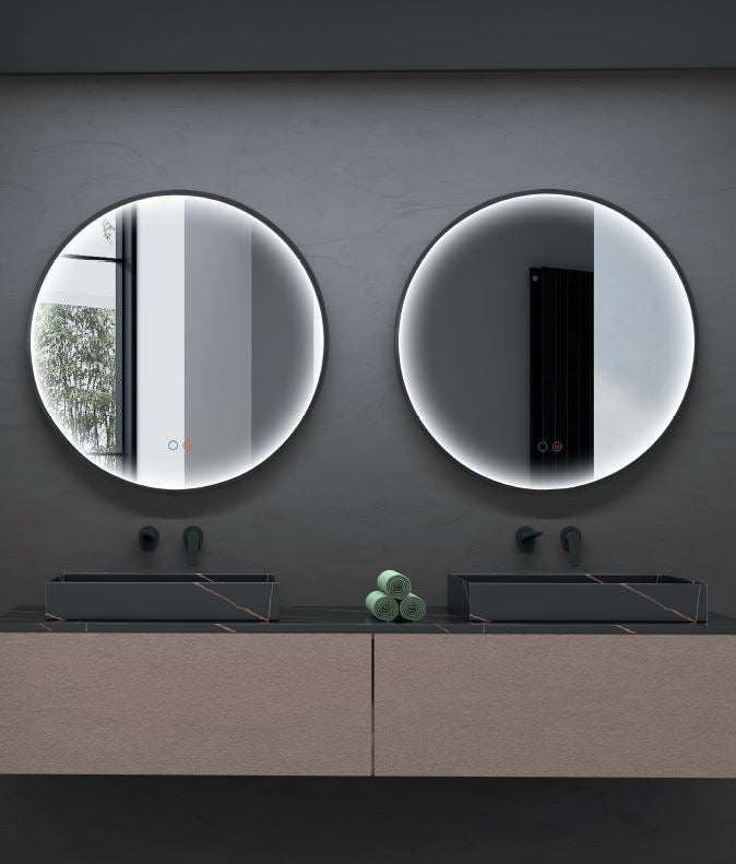 Espejo Redondo Colgante Decorativo Borde Negro 70 x 70 cm con Luz LED, Doble Sensor Táctil, Espejo Led de Baño Redondo Colgar