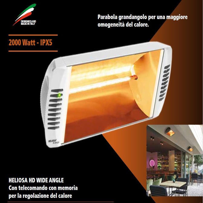 Lampada riscaldante HELIOSA WIDE ANGLE bianca ad infrarossi, interno ed  esterno IPX5, potenza 2000 watt