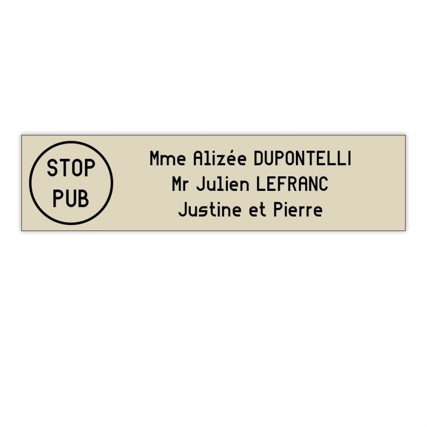 100x25mm Plaque nom avec numéro beige lettres noires Plaque Stop Pub pour boite aux lettres format Decayeux 2 lignes