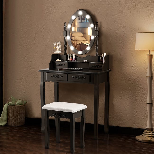 Coiffeuse table de maquillage avec miroir oval et 10 ampoules led 4 tiroirs  de rangement noir 20_0000483
