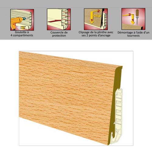Plinthe éléctrique bois haute qualité Plinthe electrique dinachoc avec  goulotte placage chêne brut APLINE002