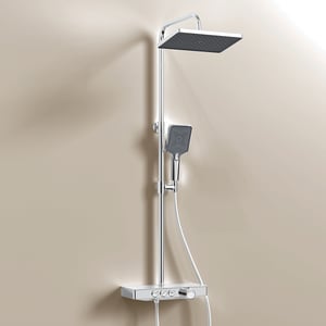 EMKE Colonne de douche Thermostat, 36 x 14 cm étagères en verre, 3 types de jets, douche à effet pluie, Certification KTW, Blanc