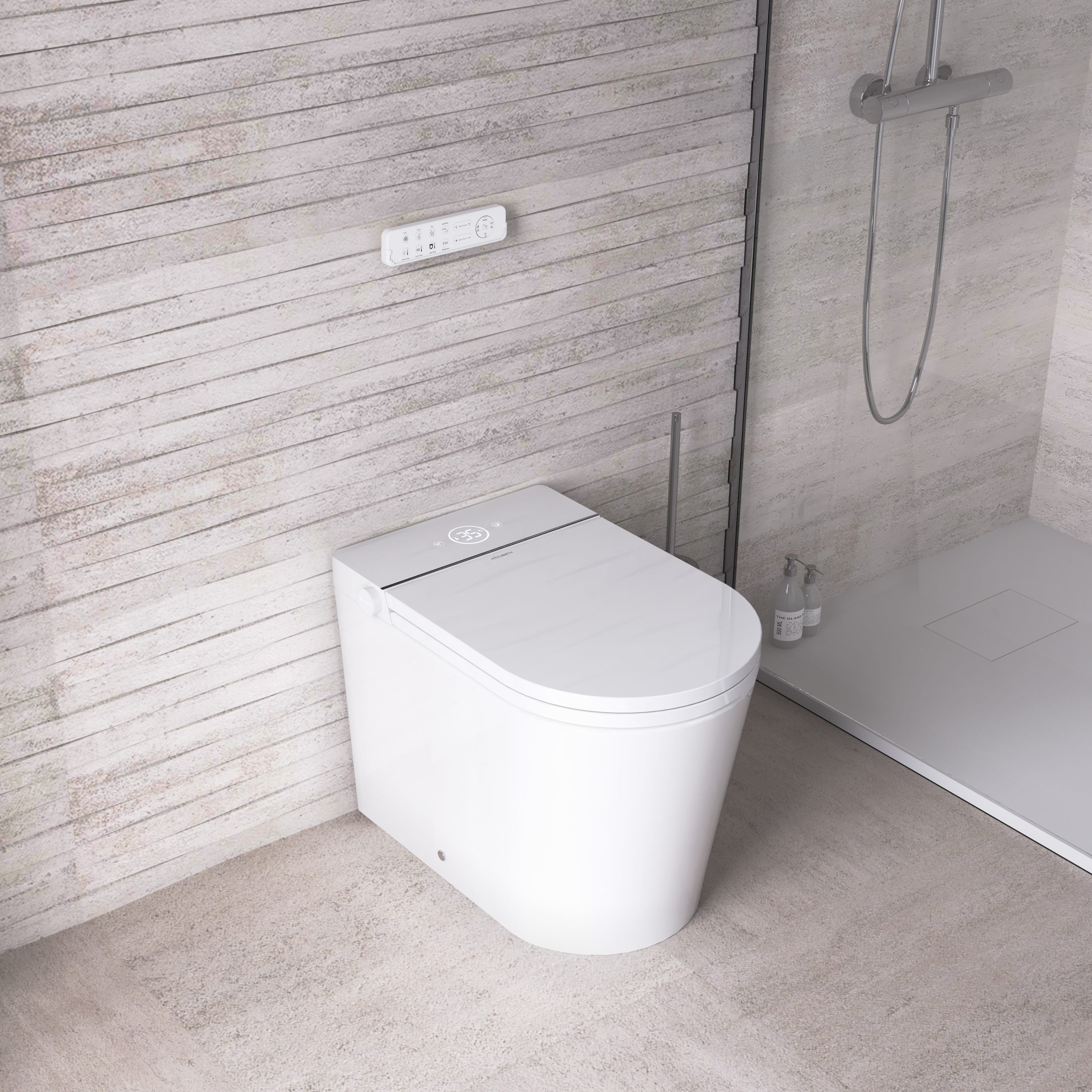 Mizubath - Nouveau WC lavant avec réservoir intégré, Sortie Verticale, Nettoyage à l'eau avec massages, Séchage à l'air chaud, Rada Display  Blanc