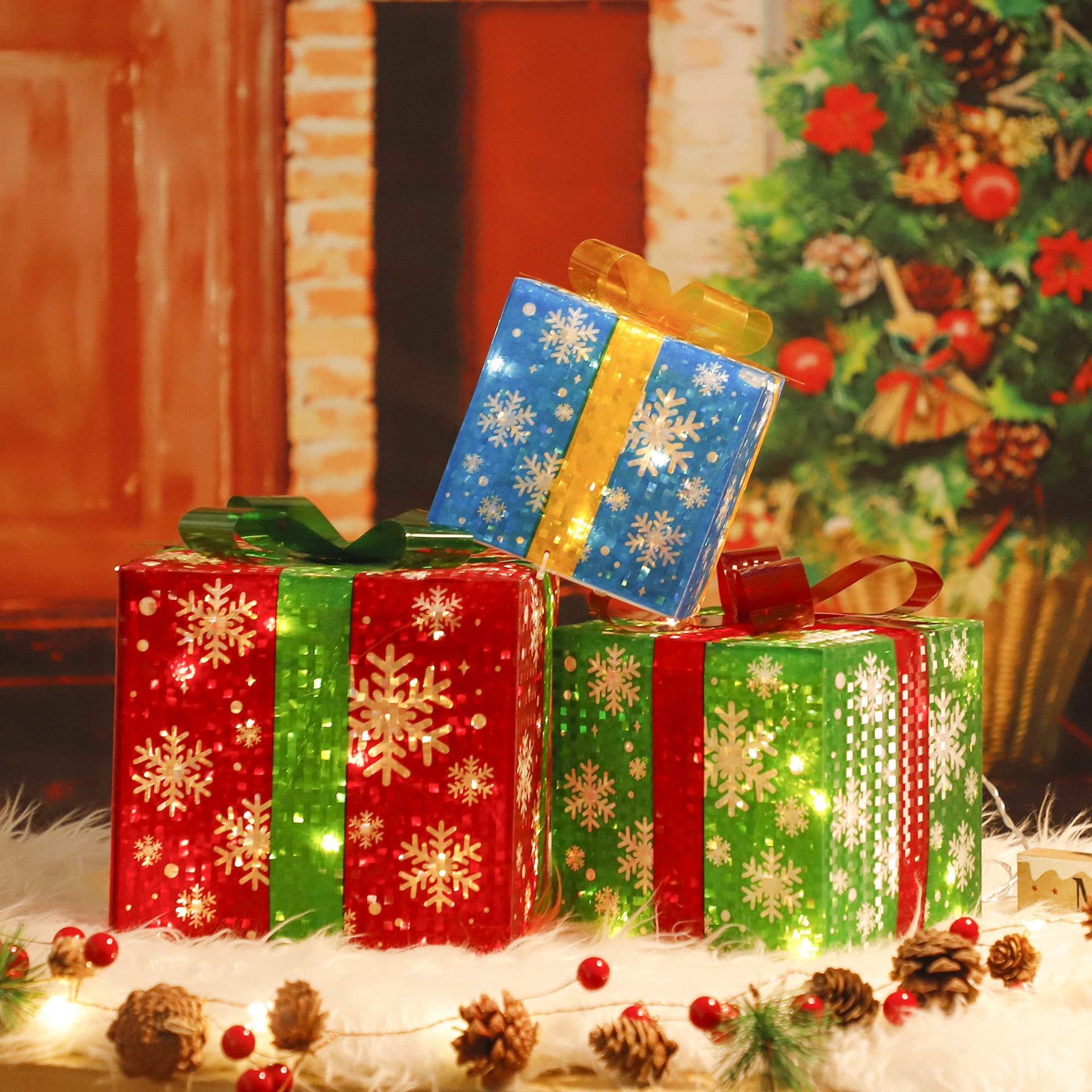Ensemble de 3 coffrets cadeaux lumineux, décorations de noël, coffrets  cadeaux flocon de neige, décoration de coffret cadeau de noël pour la maison