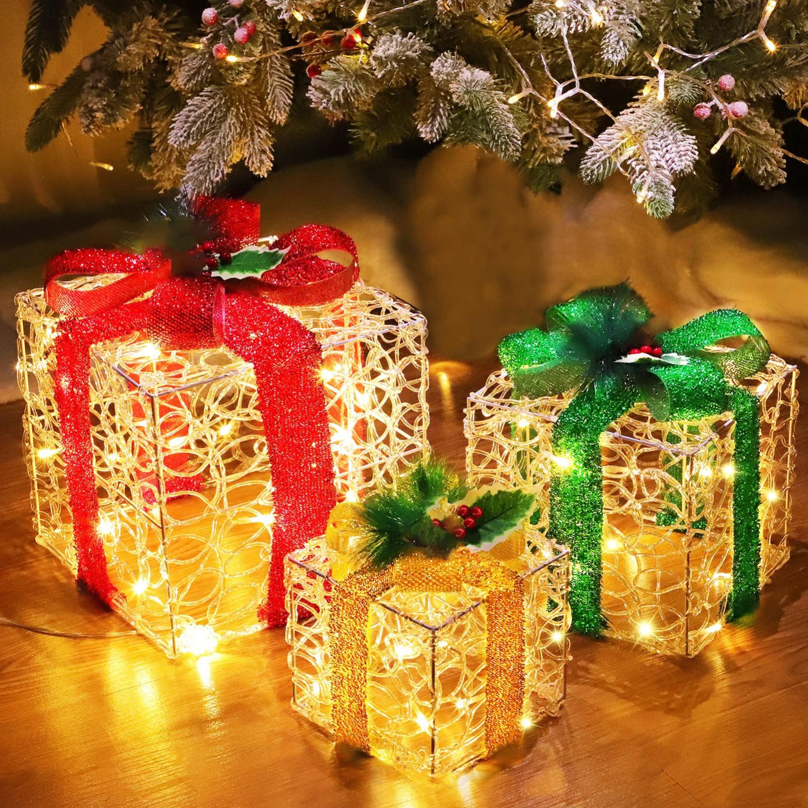 Ensemble de 3 boîtes cadeaux éclairées, décorations de noël, boîtes cadeaux  pré-éclairées en acrylique transparent, décoration de boîte cadeau de noël