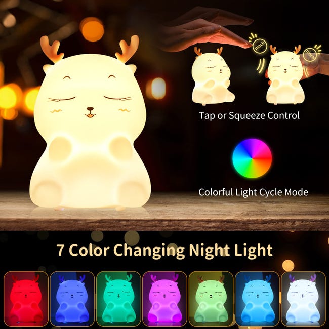 Veilleuse rechargeable pour enfants, veilleuse LED 7 couleurs pour filles,  lampe de chevet tactile en silicone pour enfants et adultes (cerf)