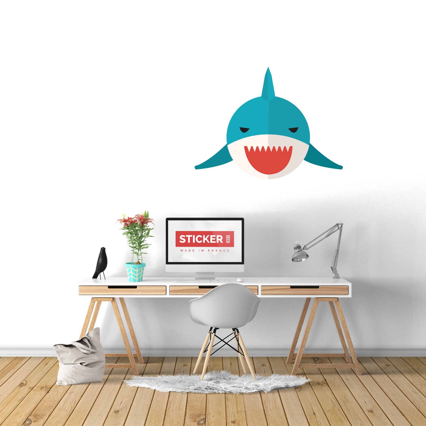 Sticker Mural Requin Bouche Rouge XL (Largeur 1,2m, Hauteur 91cm