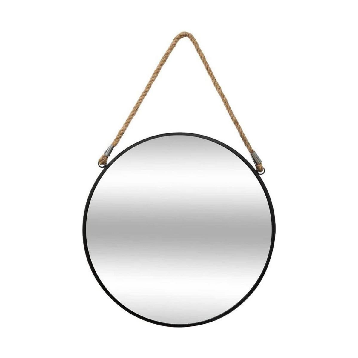POZINO Specchio rotondo da appendere nero, specchio circolare in corda, specchio da 38 cm, con corda per appenderlo, per bagno, camera da letto, soggiorno, ingresso, decorazione per la casa