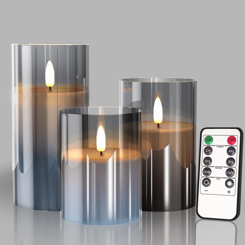 Bougies sans flamme LED en verre avec télécommande et minuterie, bougies  pour festivals, mariages et fêtes à domicile décoretion (Lot de 3)-Gris