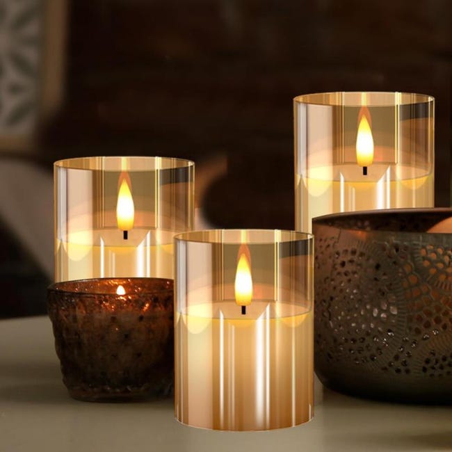 Bougies sans flamme LED en verre avec télécommande et minuterie, bougies  pour festivals, mariages et fêtes à domicile décoretion (Lot de 3)-Blanc