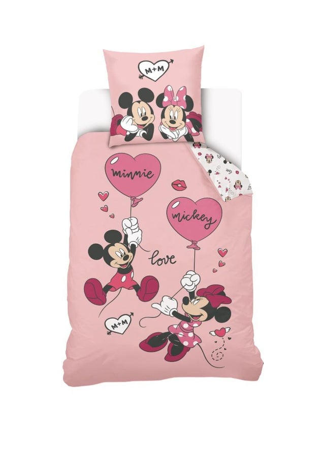 DISNEY - Housse de couette Mickey et Minnie 140x200 cm + 1 Taie d'oreiller 63x63 cm - 100% Coton - Rose