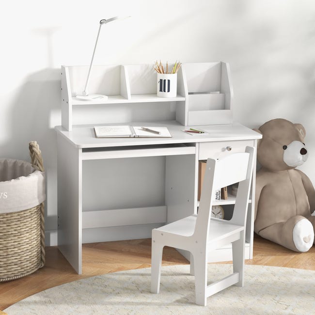 Bureau enfant multi-rangement - ensemble bureau, chaise, étagère - blanc