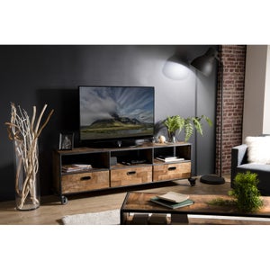 Grand meuble Tv teck massif recyclé et métal 194cm SIXITIES 2 tiroirs