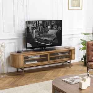 ISA - Meuble TV marron bois de jamelonier et cannage couleur naturelle