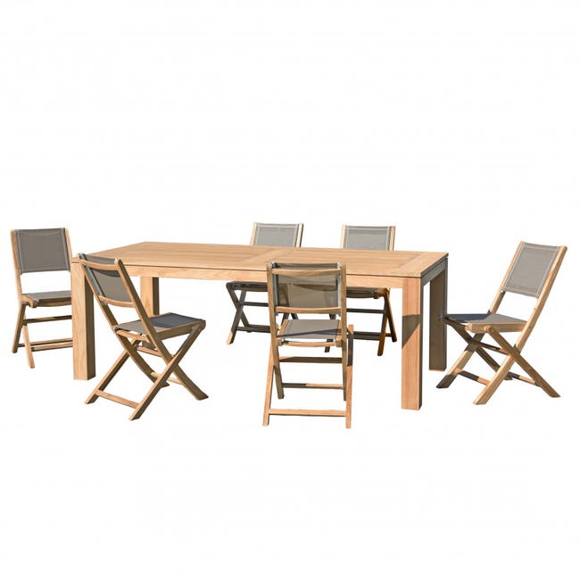 Table en teck extensible rectangulaire et 6 chaises en textilène taupe
