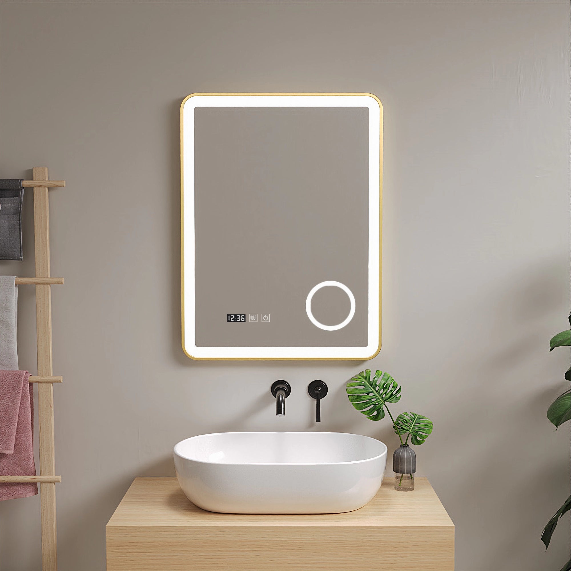 Espejo de baño con luz LED kleankin 60x60x4 cm dorado_834-393