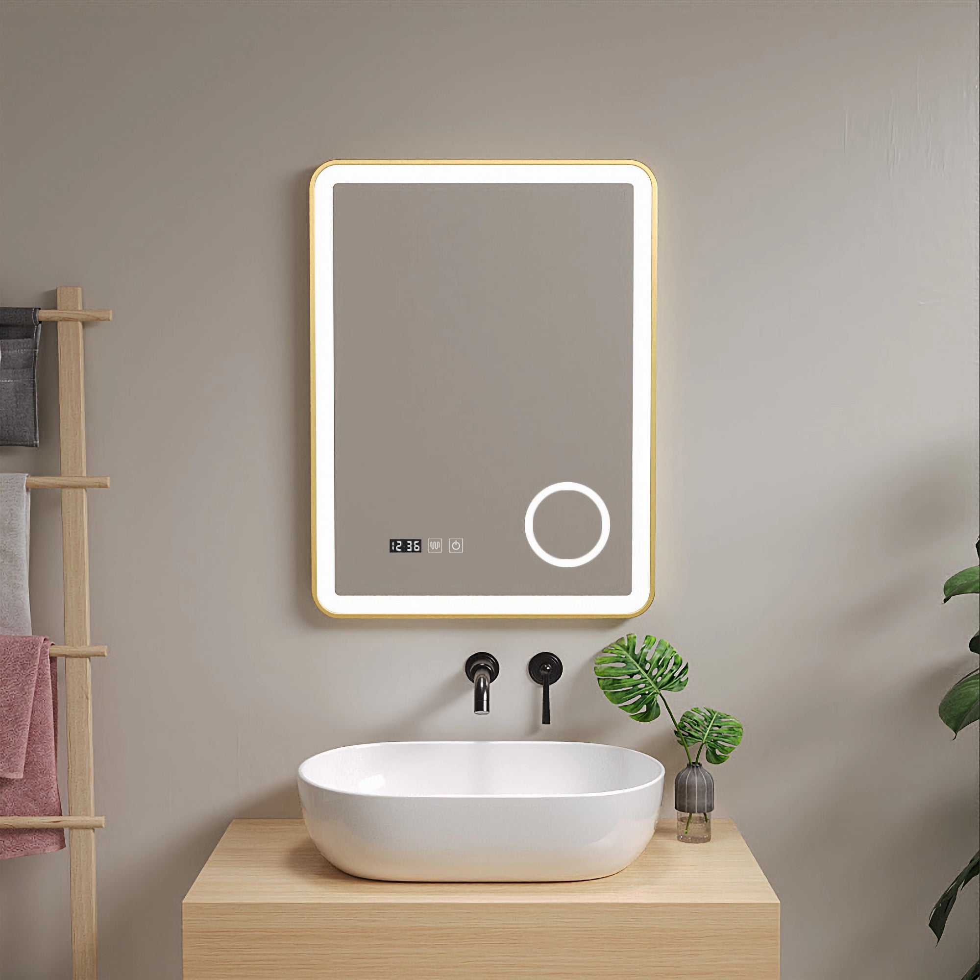 Specchio bagno rettangolare LED con orologio ingranditore e accensione a  sfioro