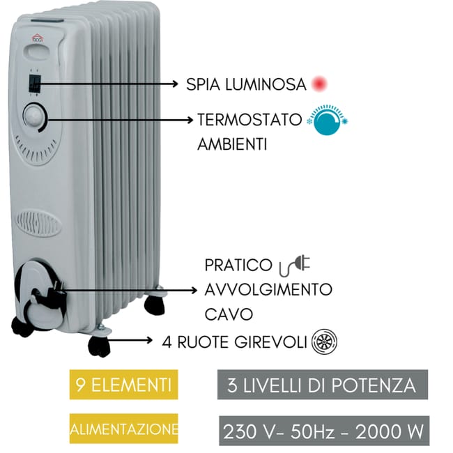 Radiador de aceite Radiador 2000 W Termostato 3 niveles de calor