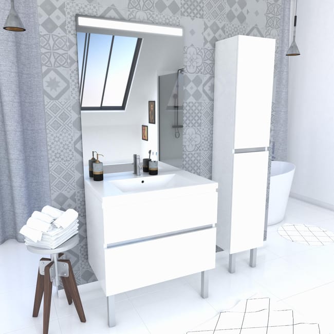 Ensemble De Salle De Bain 80 Cm Vasque Resine Blanche Miroir Led Colonne De Rangement Leroy Merlin