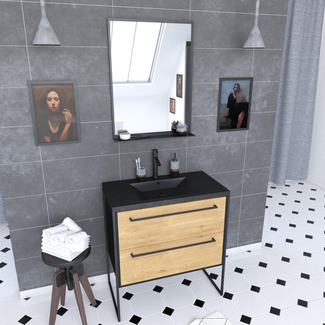 Meuble De Salle De Bain 80x50 Cm Noir Mat 2 Tiroirs Vasque Resine Noire Effet Pierre Miroir Leroy Merlin