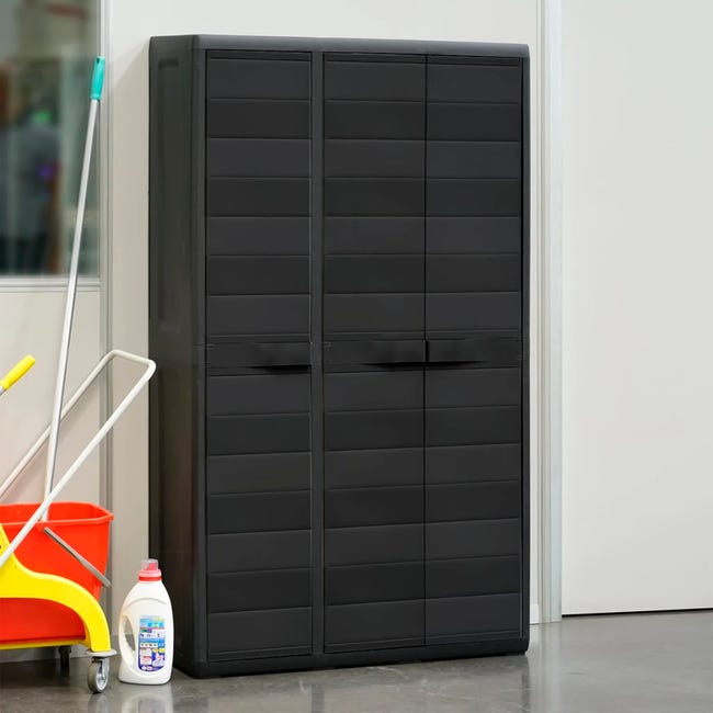 Armoire d'extérieur avec 3 portes et 4 étagères réglables, armoire de  rangement en plastique de jardin 97 x 38 x 171 cm, noir et gris