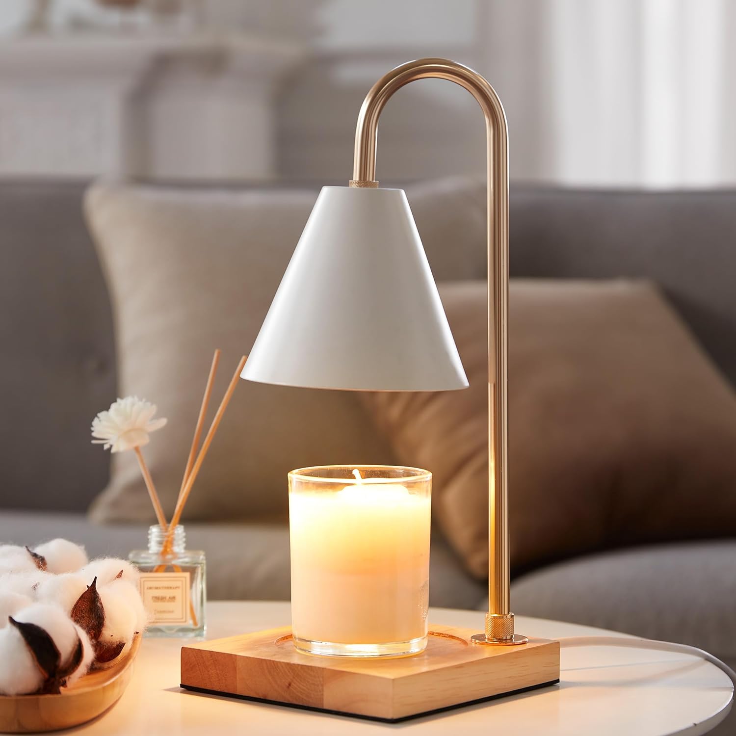 Lampe chauffe-bougie électrique à base en bois - Chauffe-lampe à bougie  parfumée réglable (blanc)