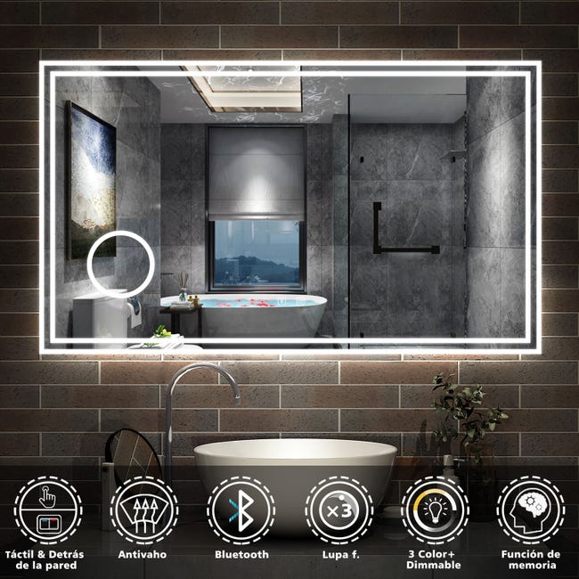 140x80cm Espejo baño bluetooth con LED antivaho + Dimmable + 3 Colores +  Aumento 3X