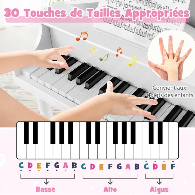 Piano Numérique 30 Touches pour Enfants avec Tabouret & Pupitre, Instrument  de Musique(Blanc)