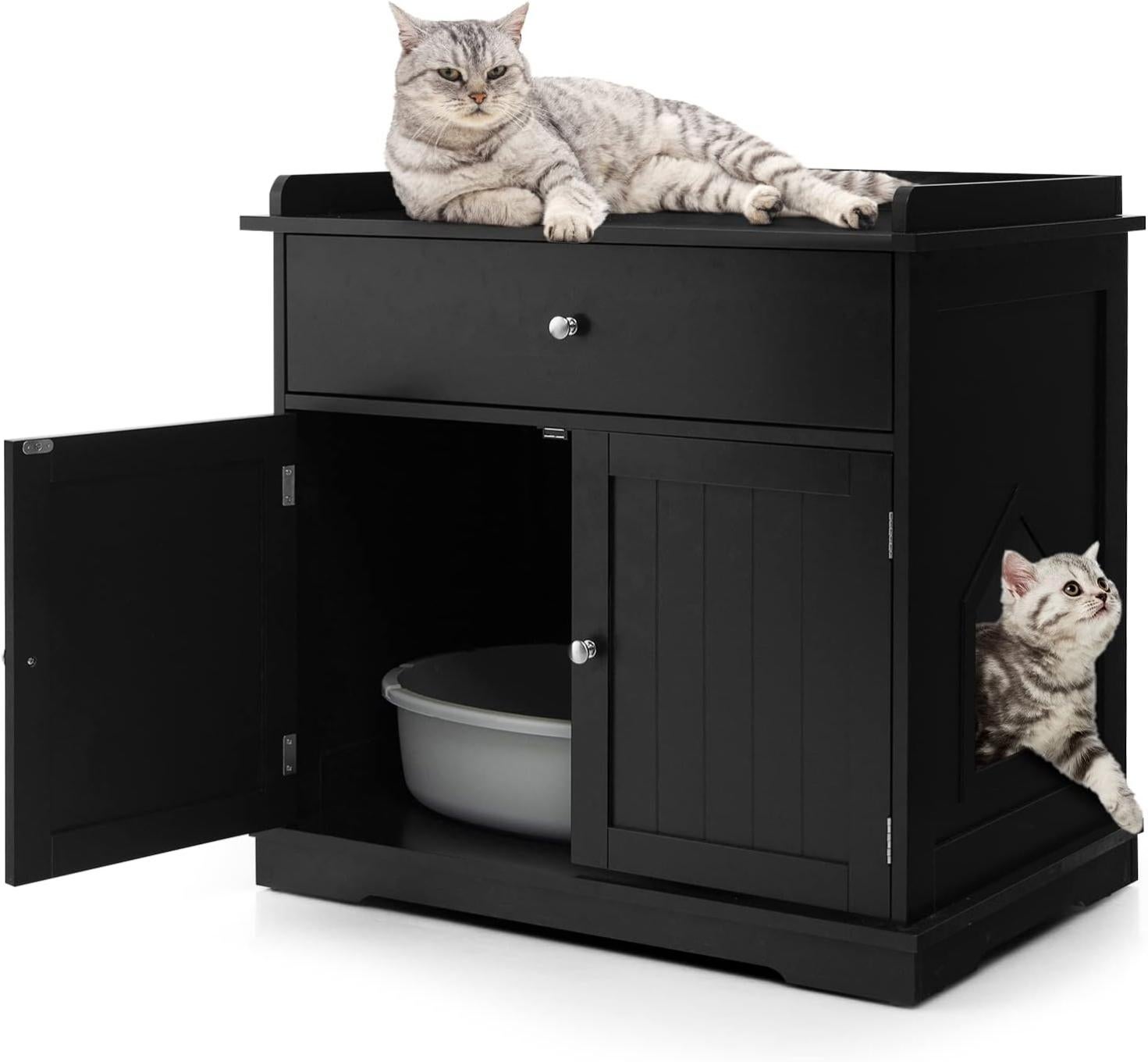 Meuble Litière Chat Avec Griffoir Industriel, Maison De Toilette Chat Anti Basculement 2 Etageres De Rangement 90x50x70cm 88889164