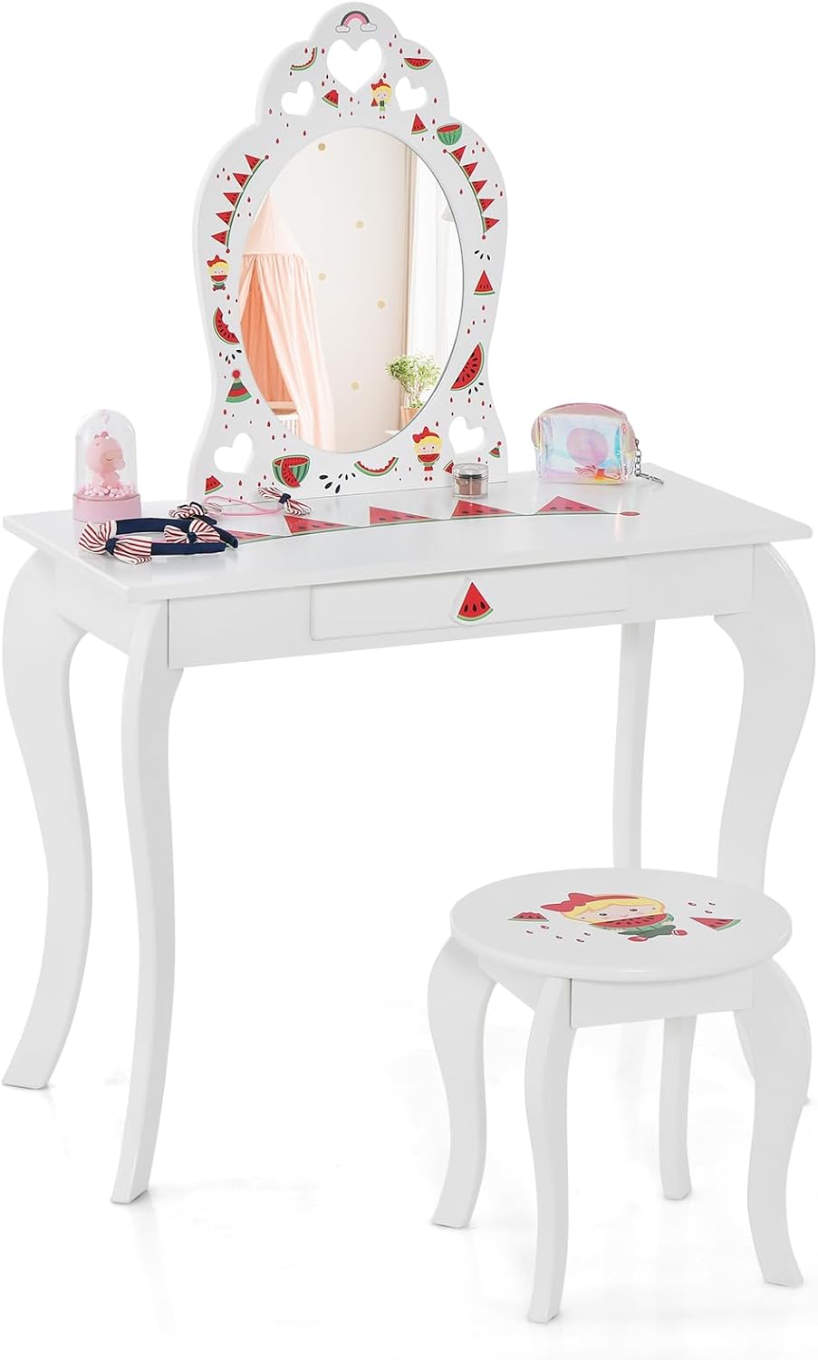 Coiffeuse pour enfant 2 en 1 avec miroir amovible, bureau enfant avec 4  étagères de style princesse