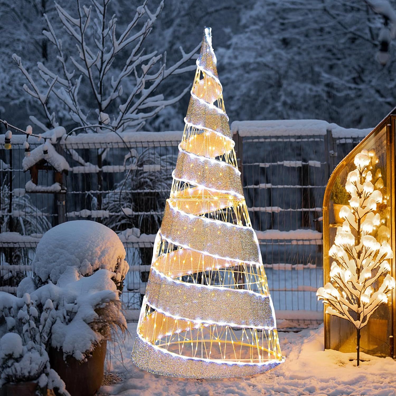 Arbre de Noël avec LED sapin lumineux déco métallique argenté sans