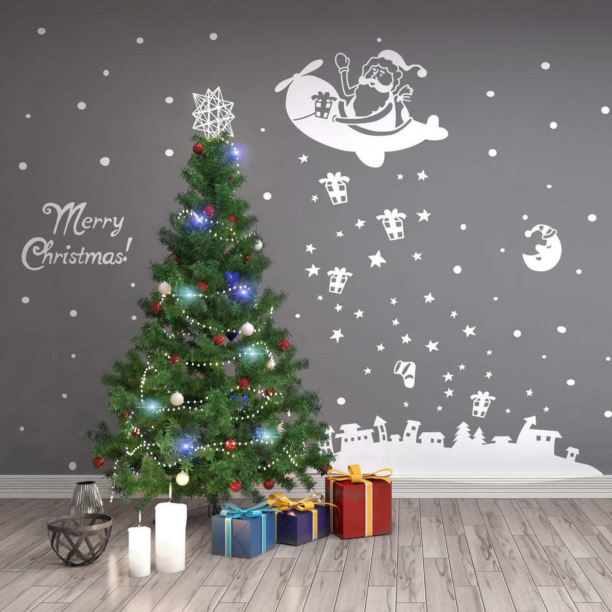 Sticker Ambiance merry christmas - 145x95cm - blanc - Autocollants adhésifs  noël - décoration fêtes