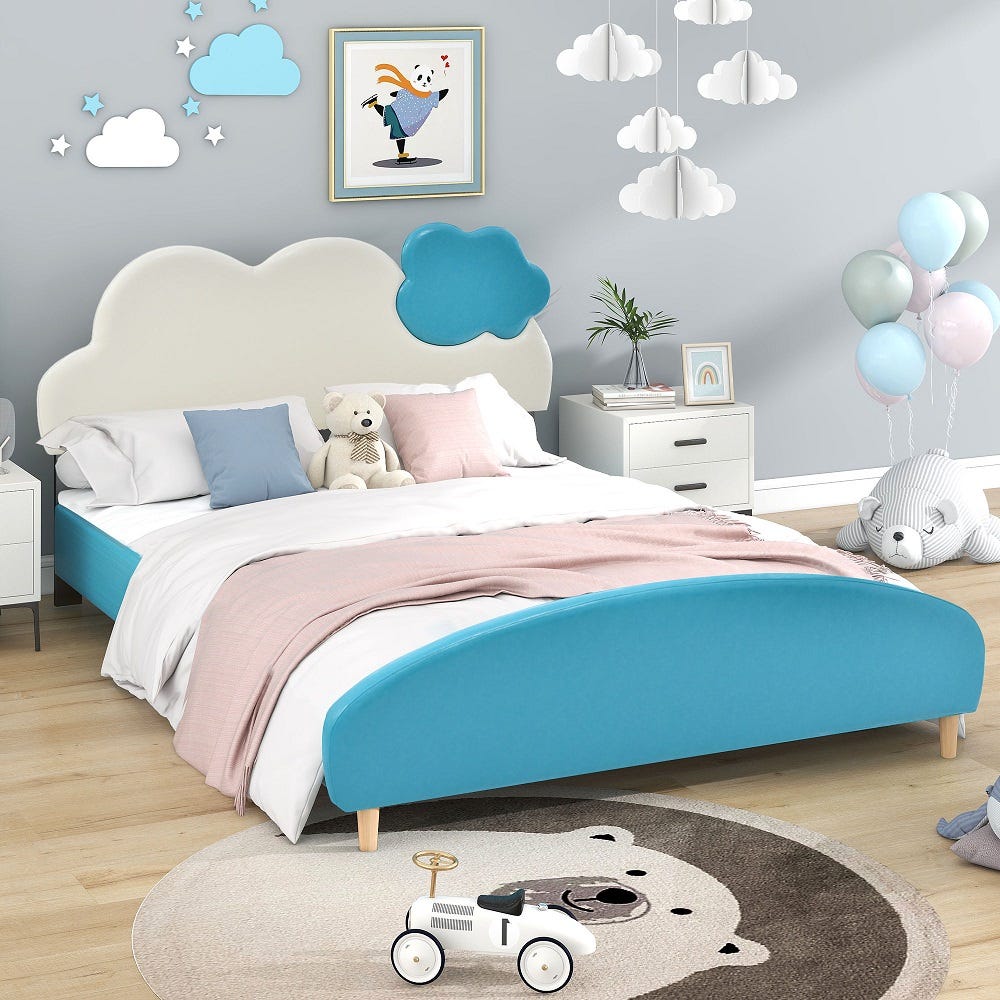 Lit enfant Lit d'enfant Lit junior Lit capitonné avec tête de nuage en PU  Cadre de lit d'enfant bleu+blanc 140x200 cm