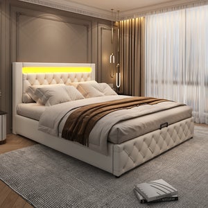 Lit coffre Lit adulte Lit rembourré Lit 140 x 200 cm lit fonctionnel avec espace de rangement avec éclairage LED PU blanc