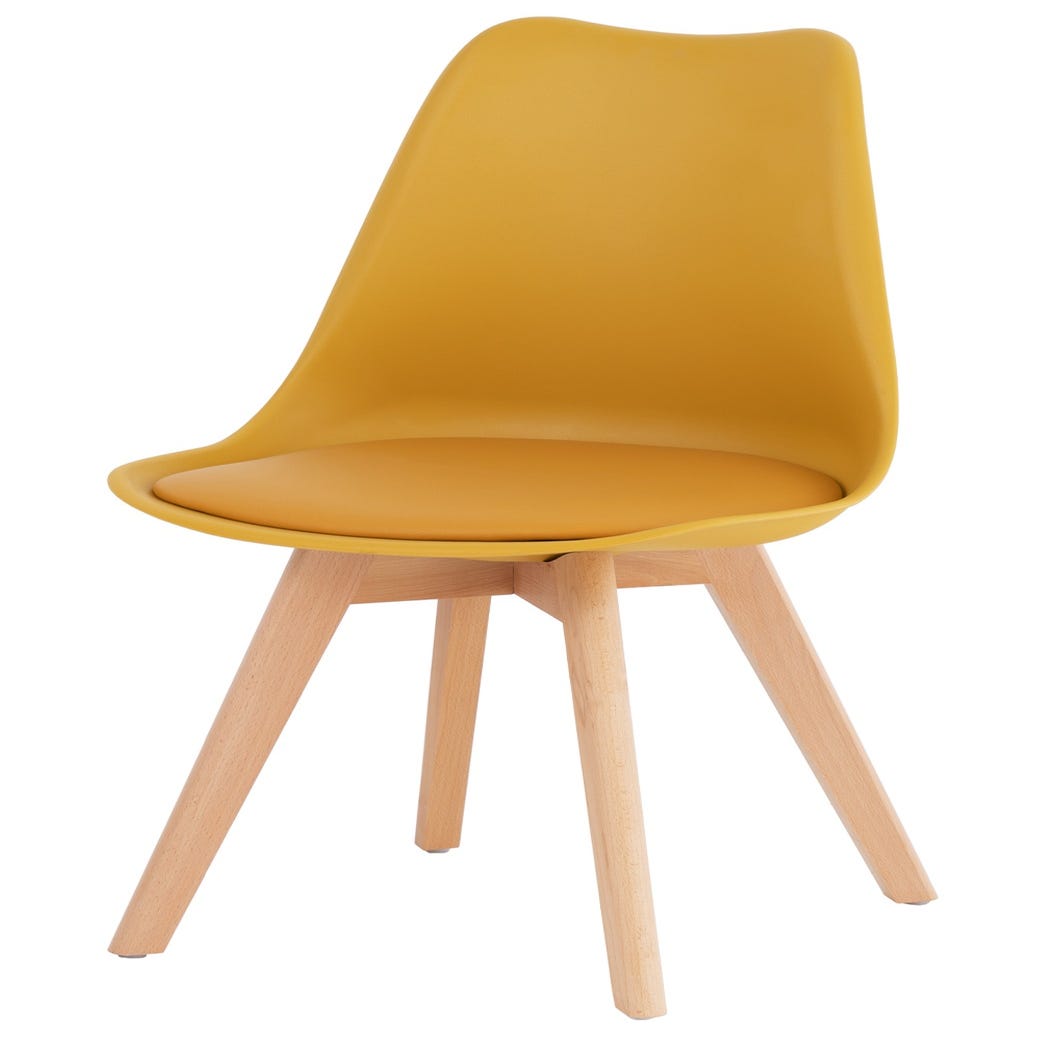 Chaise scandinave moutarde avec coussin simili cuir et pieds hêtre