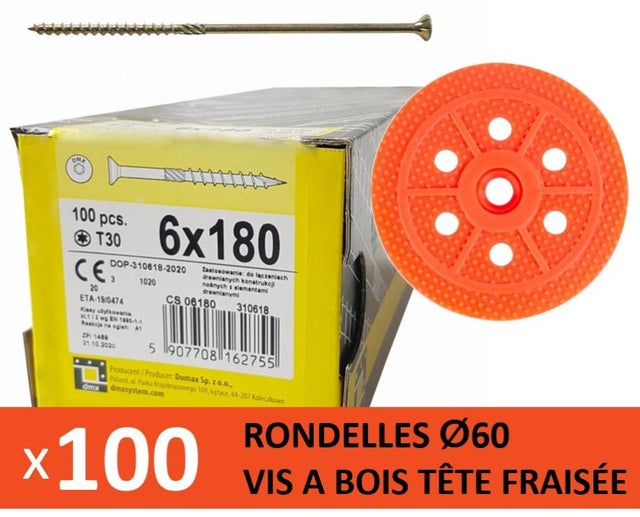 100 Rondelles d'isolation D.60 mm + Vis à bois L. 180 mm