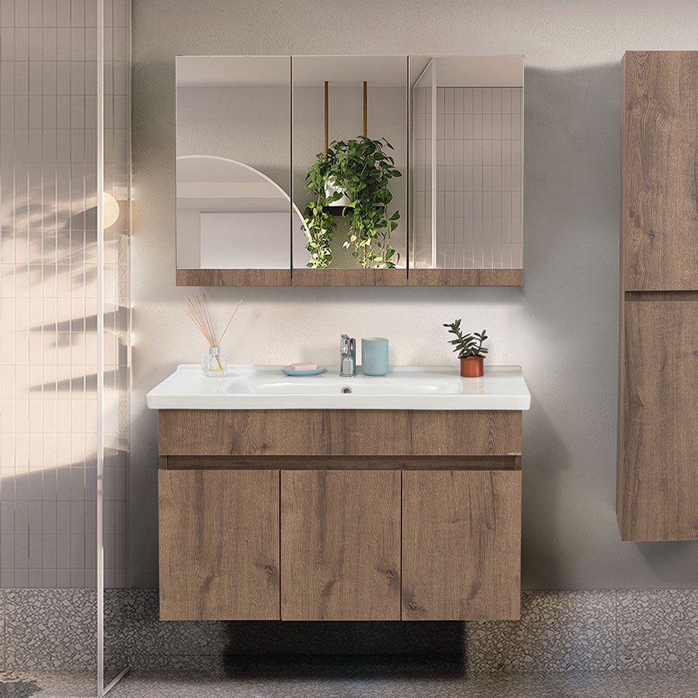 MOBILE SOSPESO BAGNO 100CM ROVERE MIELE, LAVABO NERO E SPECCHIO